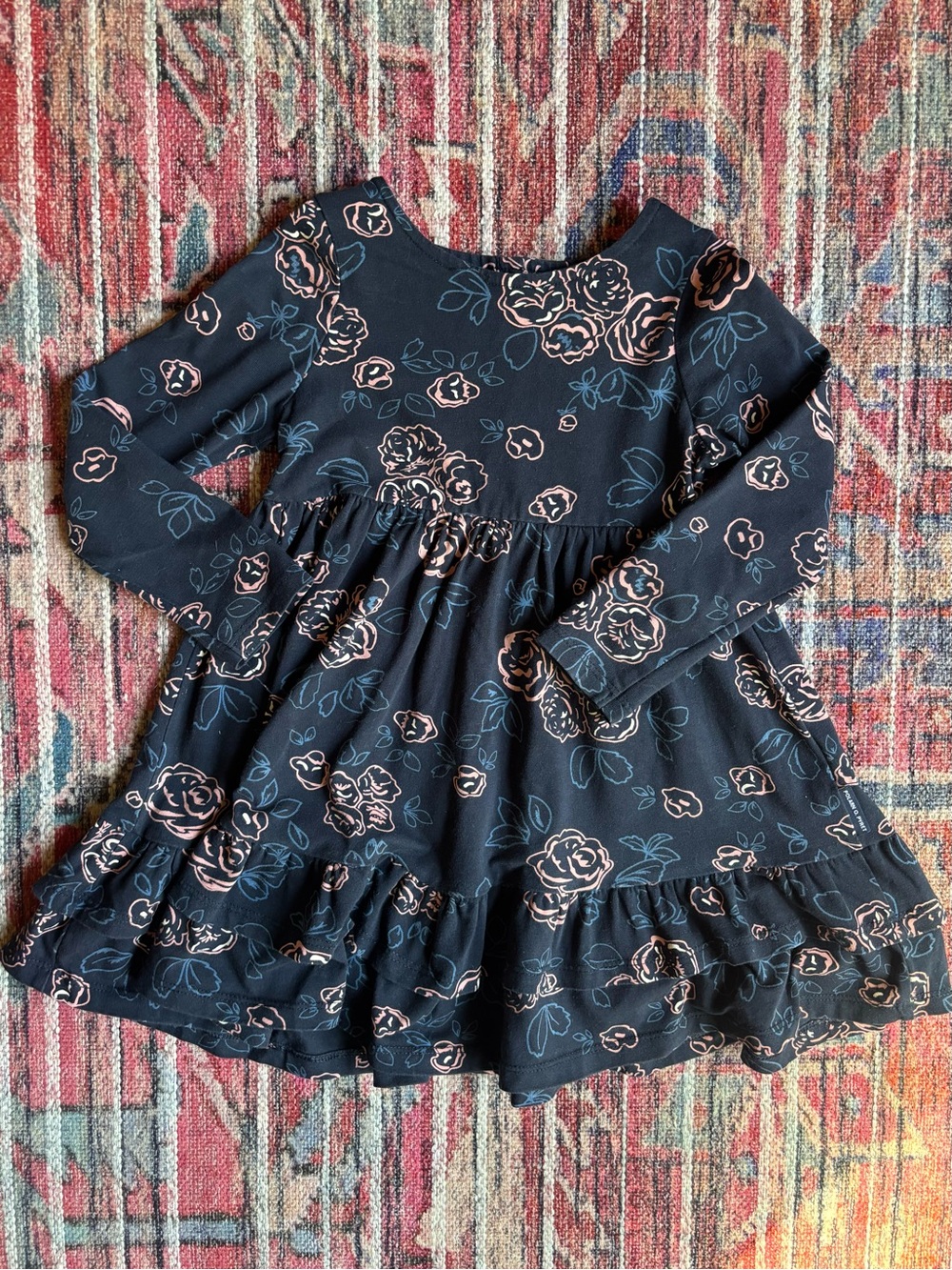Polarn O. Pyret 2-3y Long Sleeve Floral Cotton Ruffle Hem Dress